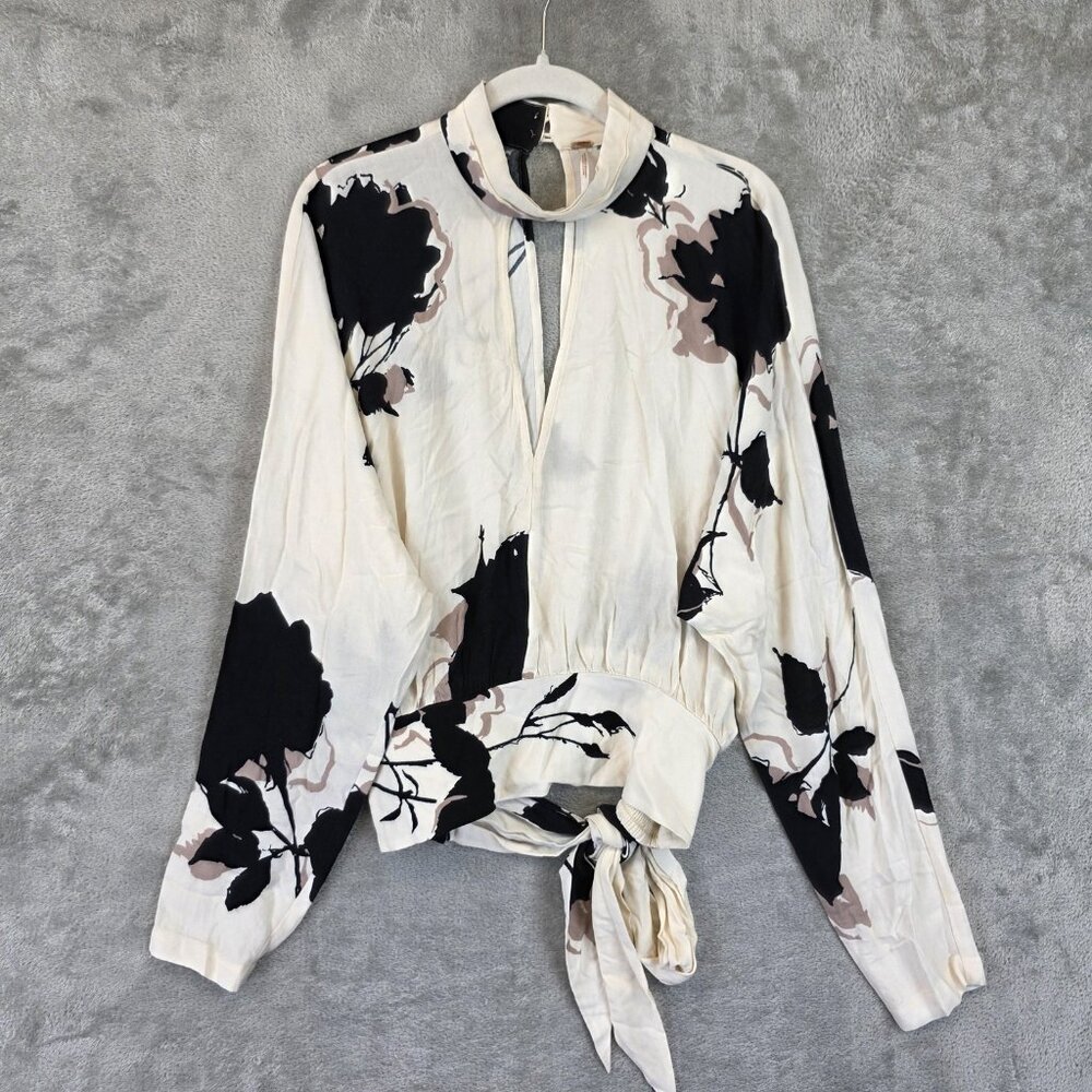 Free People Ivory Blouse with Black and Taupe Floral Print